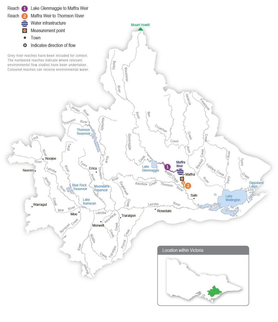 A detailed map of the Macalister River system showing river reaches across the system. The map depicts where relevant environmental flow studies have been undertaken and which reaches can receive environmental water.