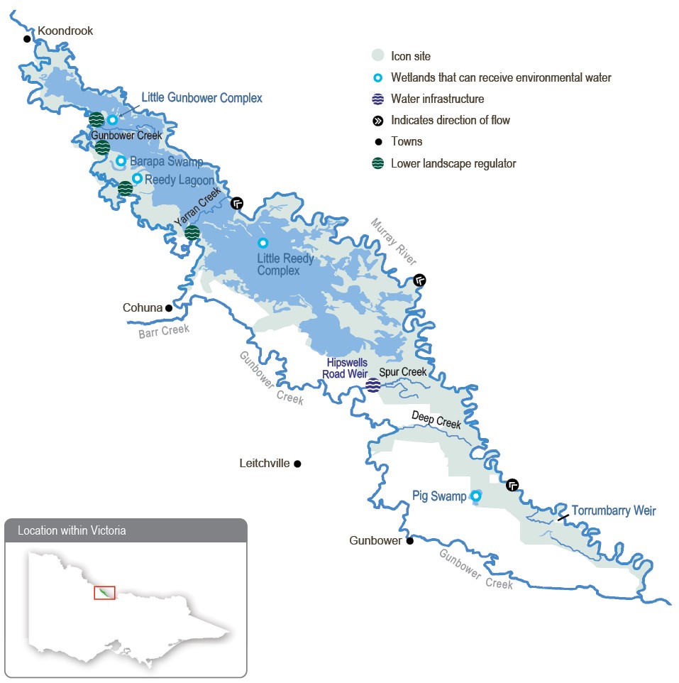 A detailed map of Gunbower Creek and Forest showing wetlands that can receive environmental water.