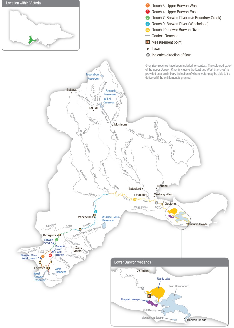 A detailed map of the Barwon River system showing where water for the environment may be delivered if the entitlement is granted.