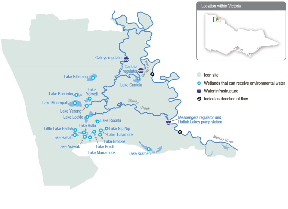 A detailed map of Hattah Lakes showing wetlands that can receive environmental water.
