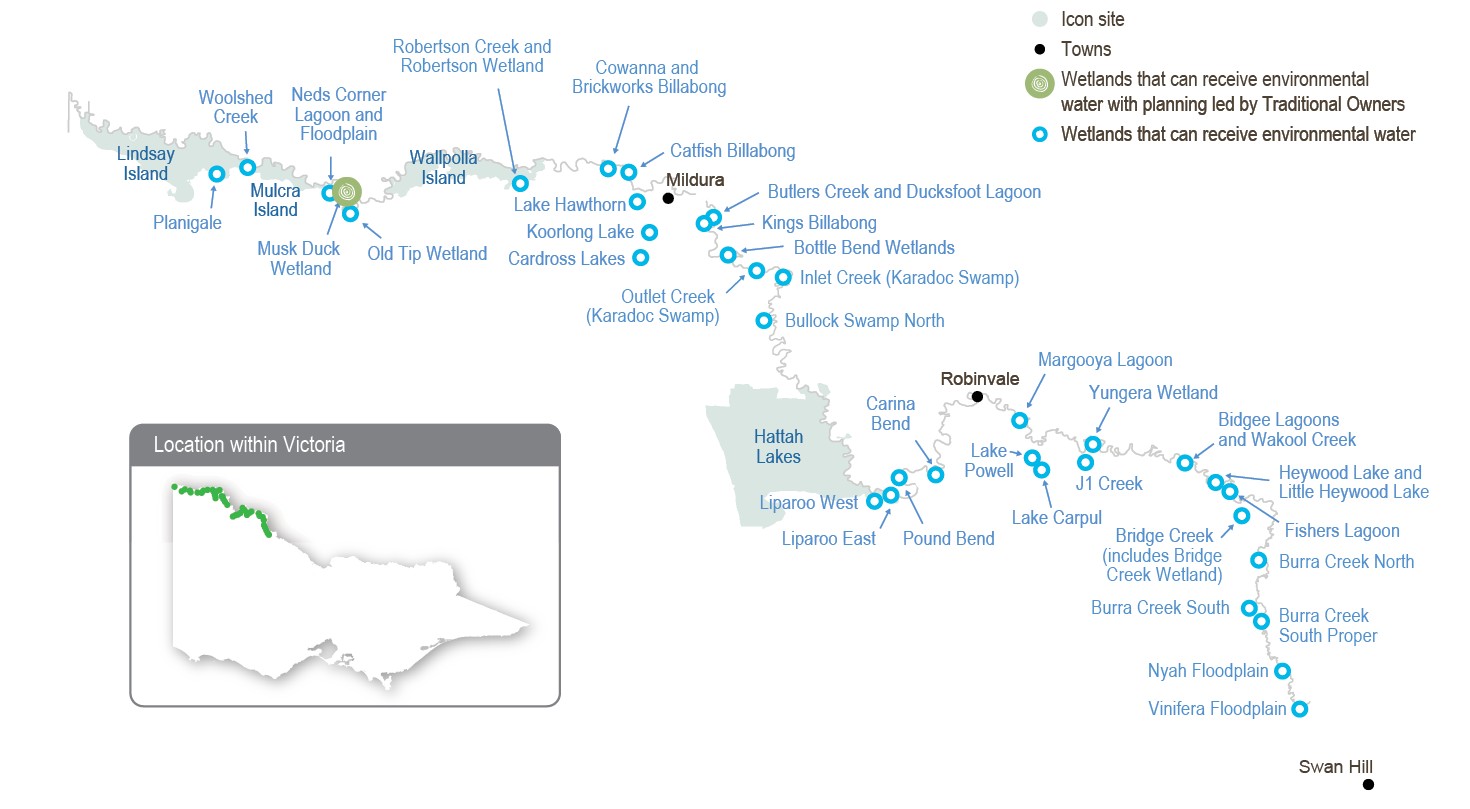 A detailed map of the lower Murray wetlands showing wetlands that can receive environmental water.